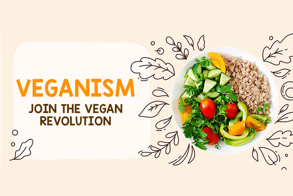 Veganism guide showcasing a fresh salad bowl with vegetables, promoting the vegan lifestyle and healthy eating.