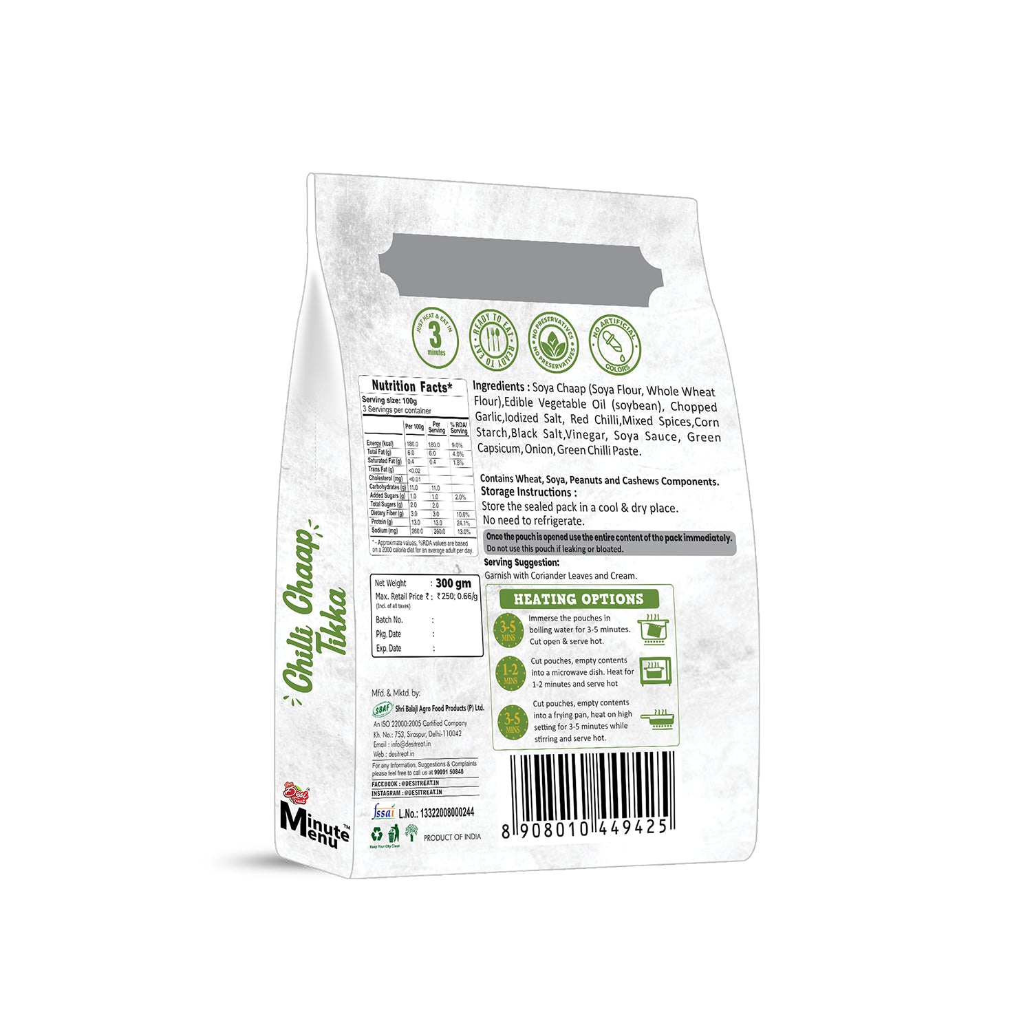 Back packaging of Ready to Eat Chilli Chaap Tikka with nutritional facts and heating options. Back packaging of Ready to Eat Chilli Chaap Tikka with nutritional facts and heating options.
