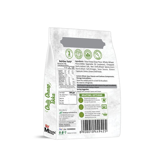 Back packaging of Ready to Eat Chilli Chaap Tikka with nutritional facts and heating options.