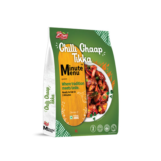 Ready to Eat Chilli Chaap Tikka in an attractive packaging by Minute Menu showcasing savory dish details.