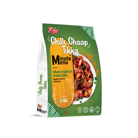 Ready to Eat Chilli Chaap Tikka in an attractive packaging by Minute Menu showcasing savory dish details. Ready to Eat Chilli Chaap Tikka in an attractive packaging by Minute Menu showcasing savory dish details.