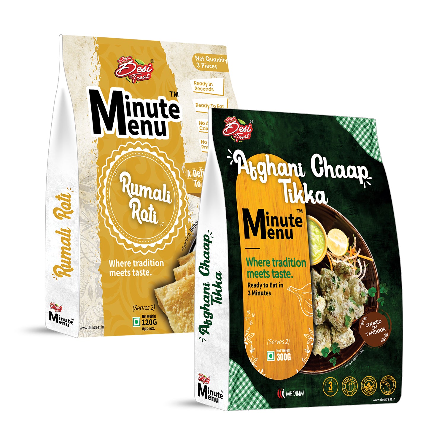 Ready To Eat Snacks featuring Afghani Chaap Tikka and Rumali Roti in convenient packaging by Minute Menu. Ready To Eat Snacks featuring Afghani Chaap Tikka and Rumali Roti in convenient packaging by Minute Menu.