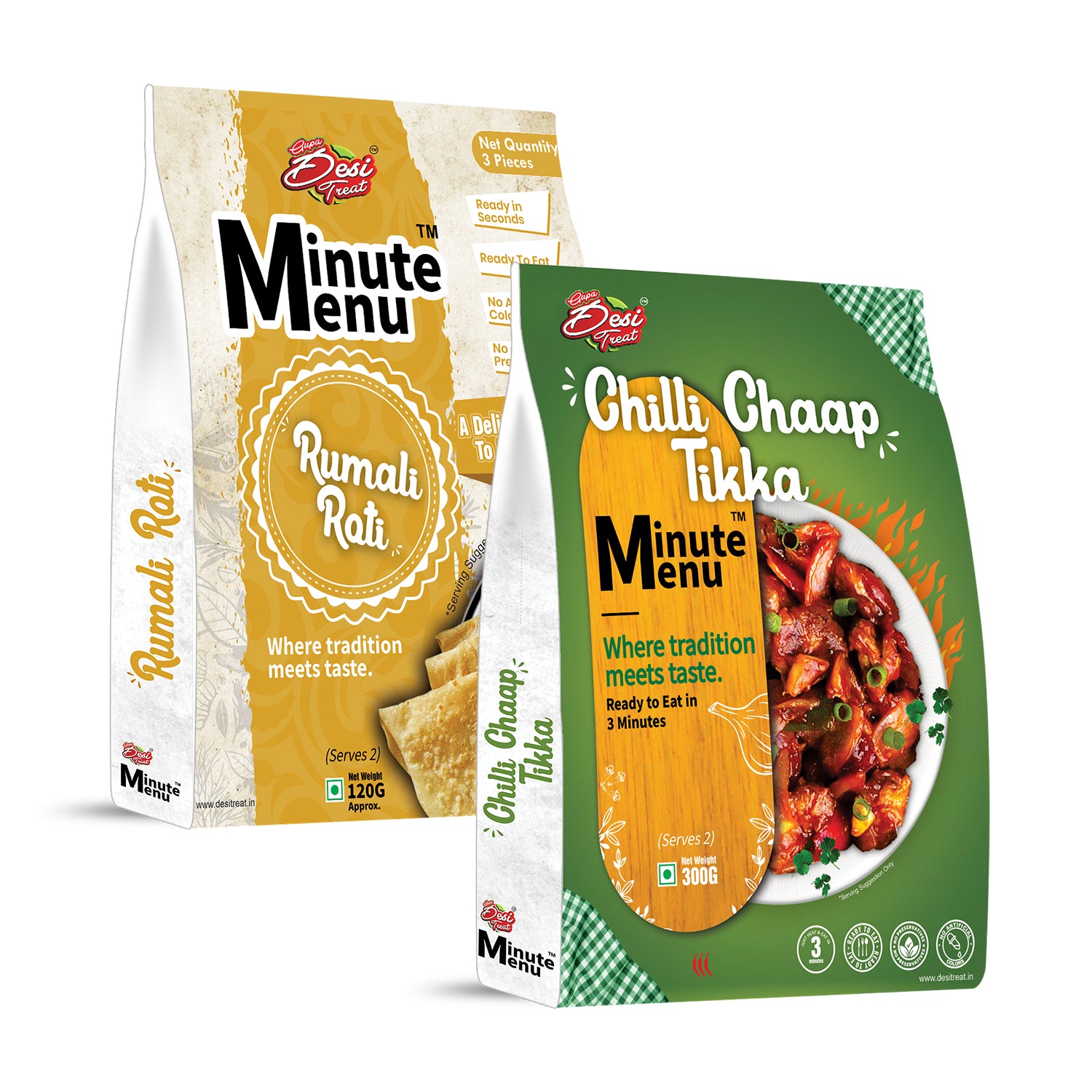 Ready To Eat Snacks Chilli Chaap Tikka and Rumali Roti packaging, featuring Minute Menu brand, ready to eat in 3 minutes. Ready To Eat Snacks Chilli Chaap Tikka and Rumali Roti packaging, featuring Minute Menu brand, ready to eat in 3 minutes.