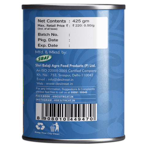 Back label of Ready to Eat tawa Soya Paneer, showing net contents, price, and manufacturing details. Back label of Ready to Eat tawa Soya Paneer, showing net contents, price, and manufacturing details.