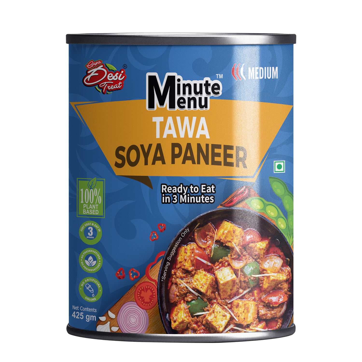 Ready to Eat tawa Soya Paneer packaging from Minute Menu, featuring a colorful design and serving suggestion. Ready to Eat tawa Soya Paneer packaging from Minute Menu, featuring a colorful design and serving suggestion.