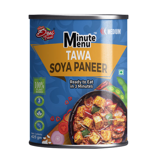 Ready to Eat tawa Soya Paneer packaging from Minute Menu, featuring a colorful design and serving suggestion.