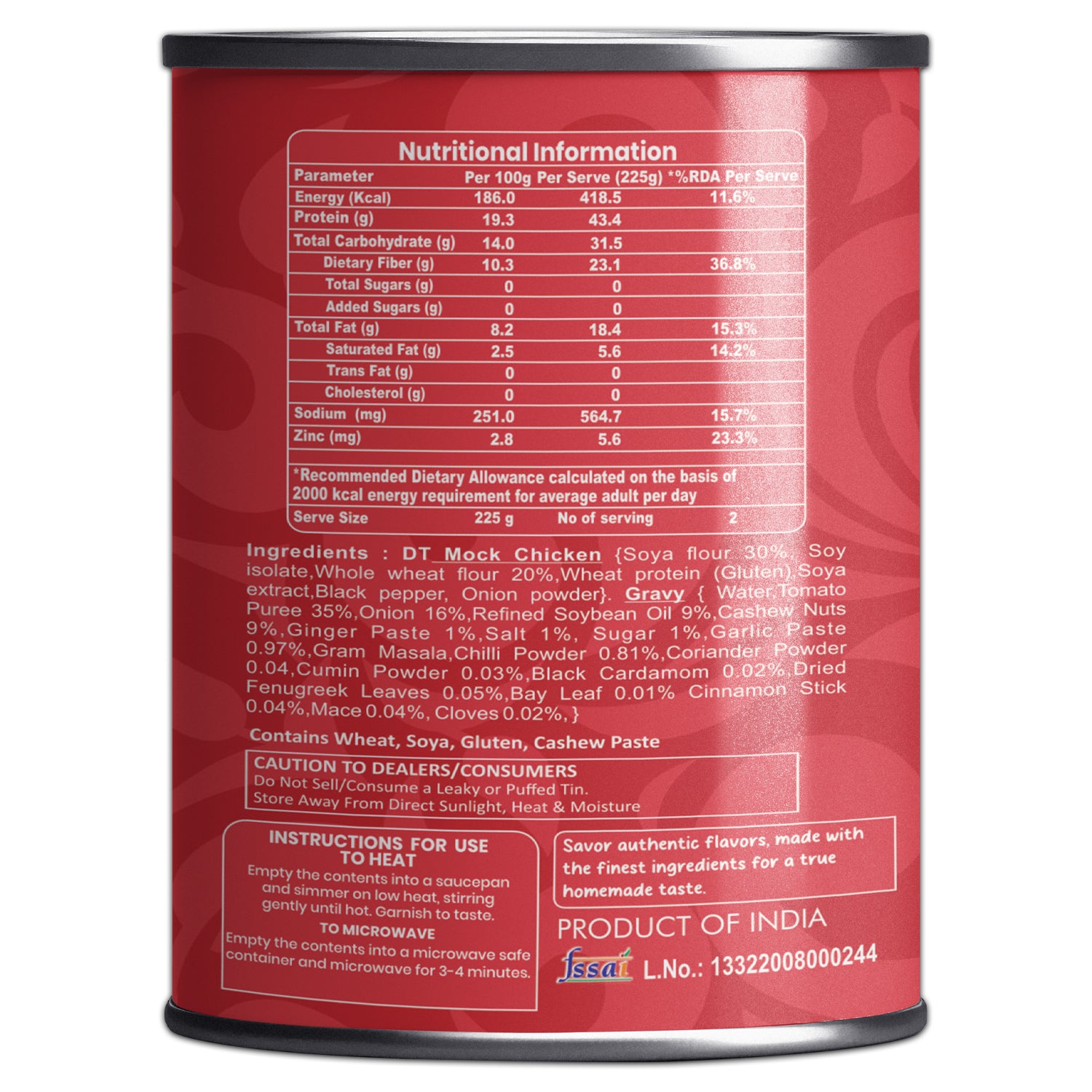 RTE Veg Chicken Curry nutritional information can with ingredients and serving details for plant-based meal preparation. RTE Veg Chicken Curry nutritional information can with ingredients and serving details for plant-based meal preparation.
