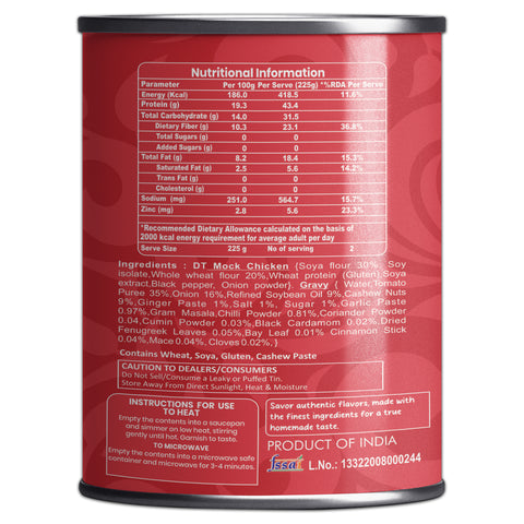 RTE Veg Chicken Curry nutritional information can with ingredients and serving details for plant-based meal preparation. RTE Veg Chicken Curry nutritional information can with ingredients and serving details for plant-based meal preparation.