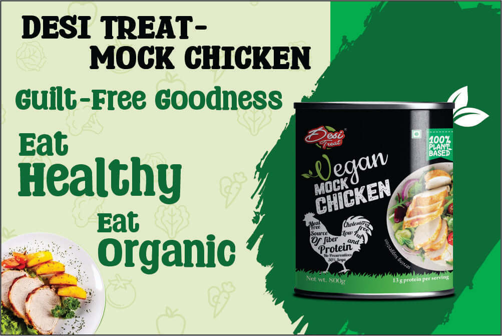 Desi Treat mock chicken can showcasing plant-based chicken alternative for healthy eating and guilt-free meals.