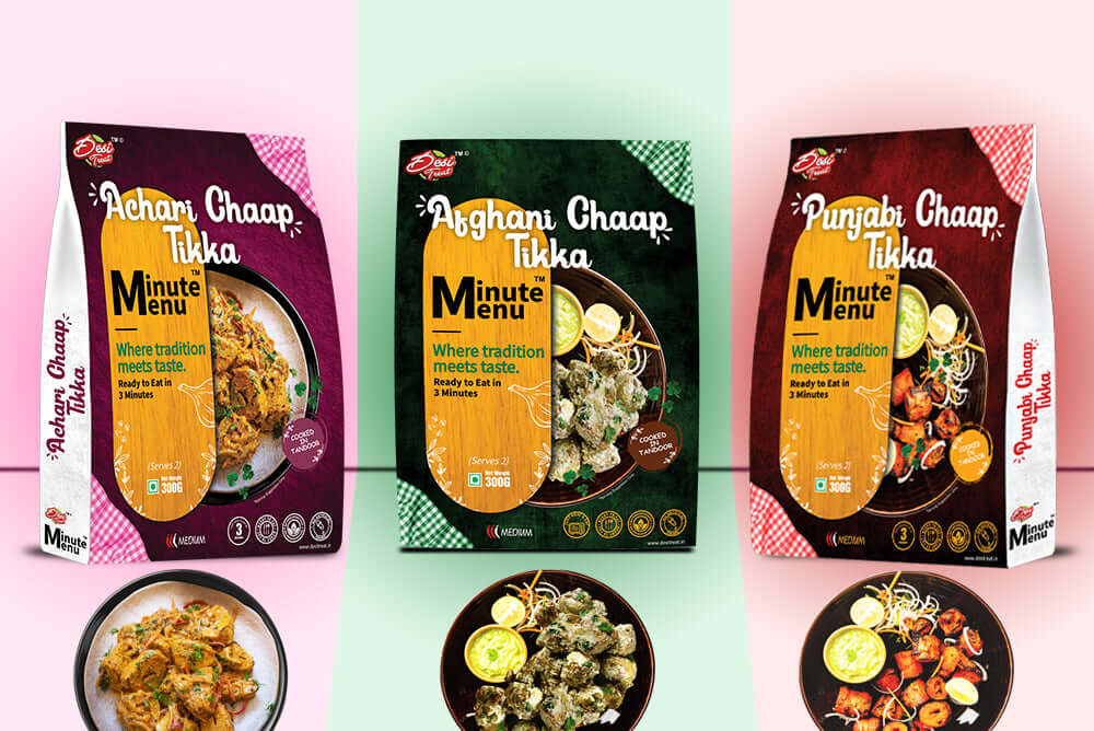 Ready to eat meal featuring Achari, Afghani, and Punjabi Chaap Tikka packaging with vibrant designs.