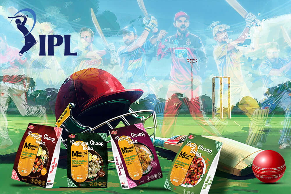 Ready to eat meals for IPL displayed with cricket gear and IPL logo, perfect for match day snacks.