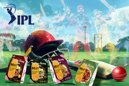 Ready to eat meals for IPL displayed with cricket gear and IPL logo, perfect for match day snacks.