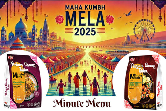 Minute Menu ready to eat meals for MahaKumbh featuring Achari Chaap and Punjabi Chaap Tikka.